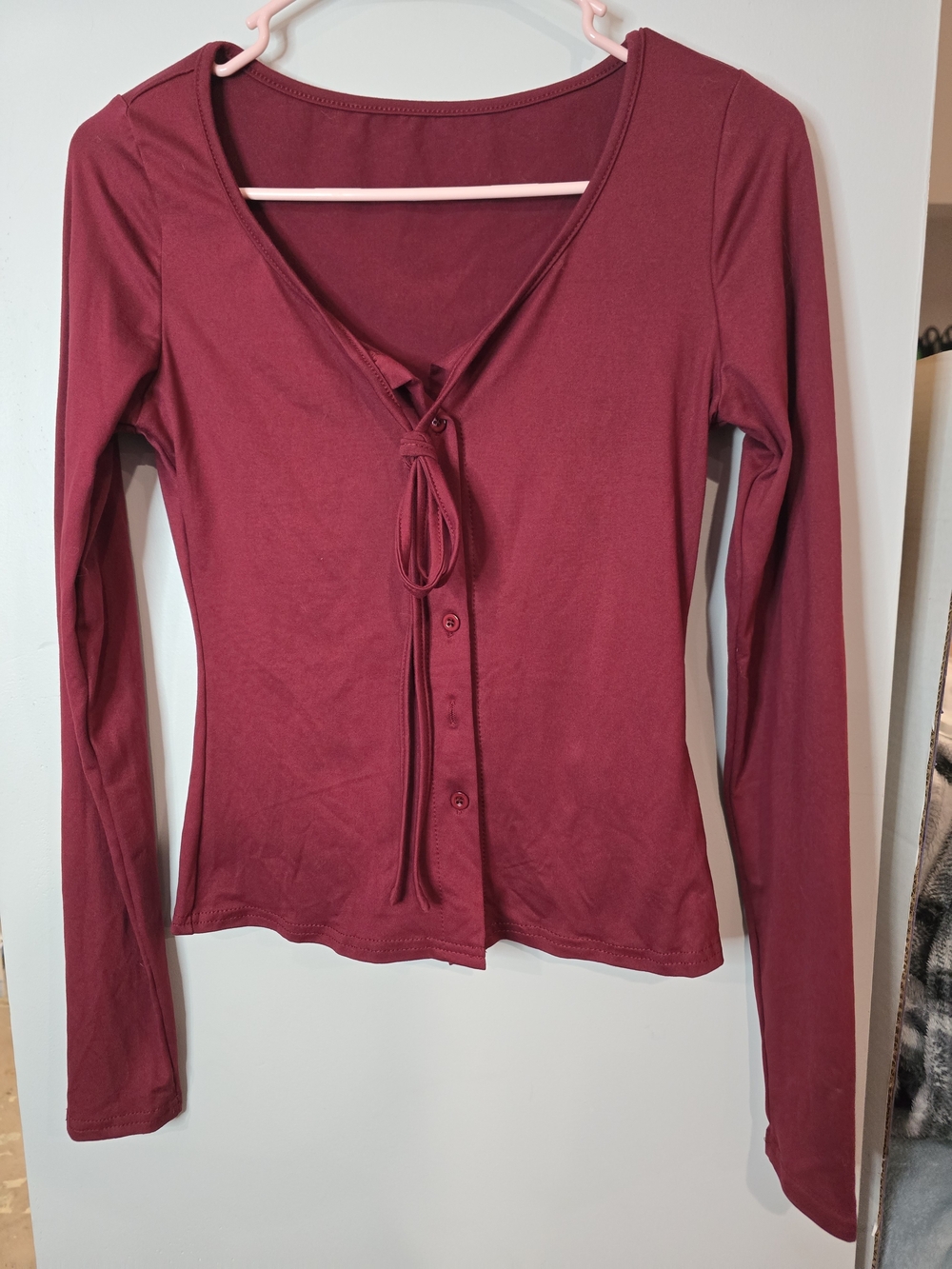 Women's Burgundy Tie-Front Long Sleeve Top
